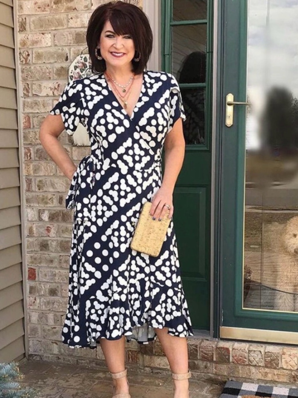 CAbi Navy and White Polka Dot Wrap Dress with Ruffle Hem 5955
